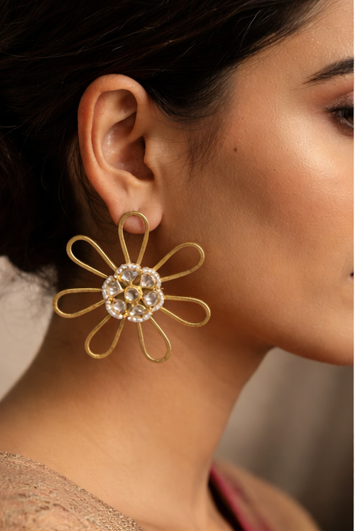 Contemporary Floral Statement Kundan Pearl Detailing Earrings
