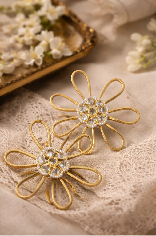 Contemporary Floral Statement Kundan Pearl Detailing Earrings