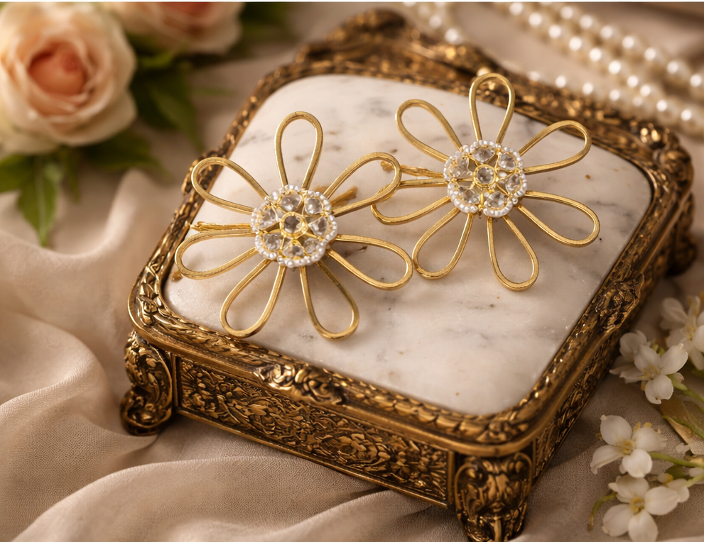 Contemporary Floral Statement Kundan Pearl Detailing Earrings