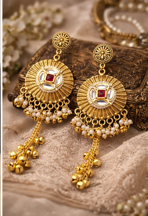 Elegant Heritage Round Earrings with Hanging Beads and Stones