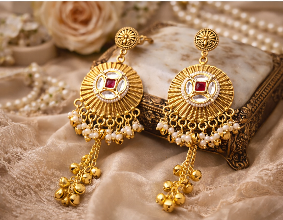 Elegant Heritage Round Earrings with Hanging Beads and Stones