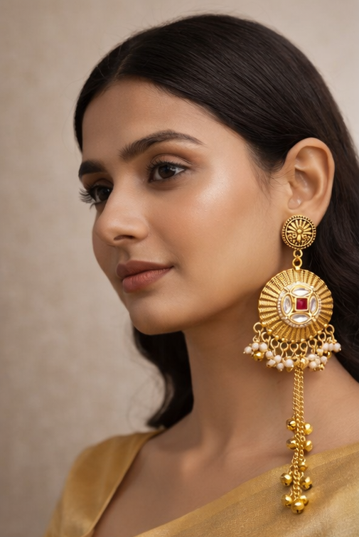 Elegant Heritage Round Earrings with Hanging Beads and Stones