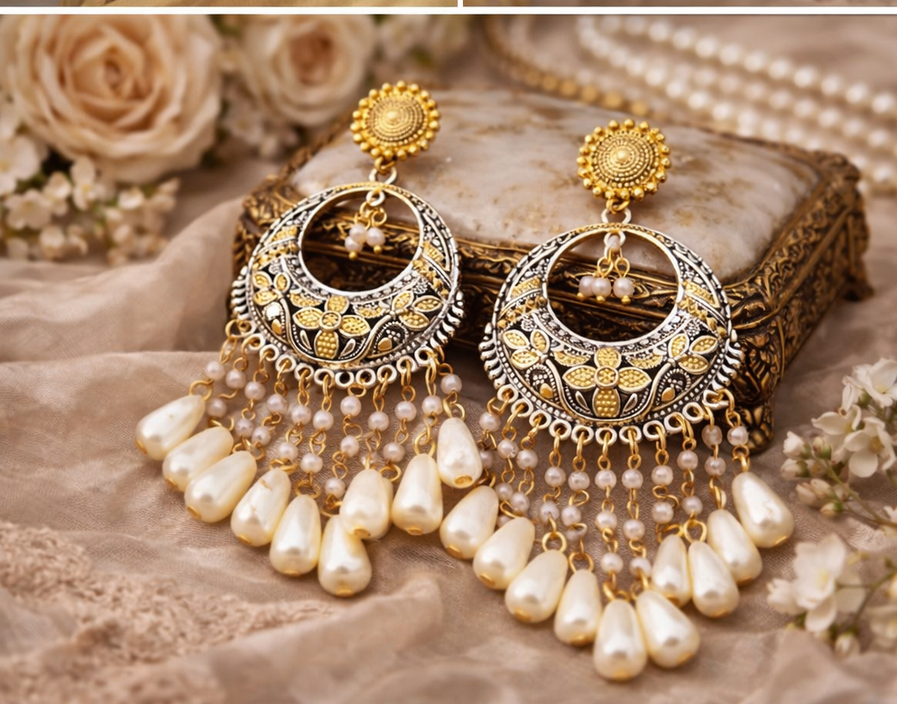 German Silver Dual Tone Chandilier with Stud Pearl Chain Tumbler Earring for Women and Girls