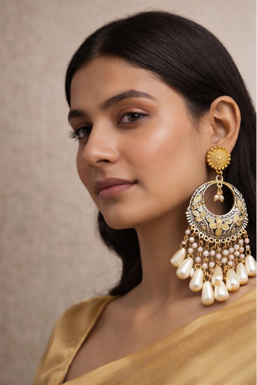 German Silver Dual Tone Chandilier with Stud Pearl Chain Tumbler Earring for Women and Girls