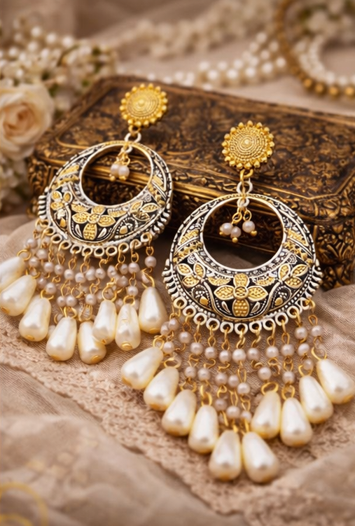 German Silver Dual Tone Chandilier with Stud Pearl Chain Tumbler Earring for Women and Girls