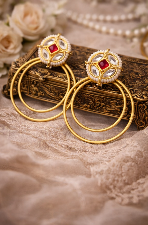 Traditional Red Stone Kundan Pearl Hoop Earrings for Women