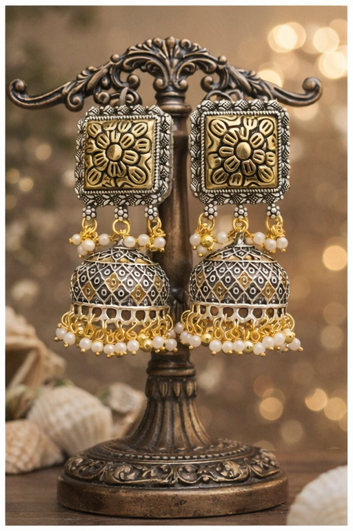 German Silver Partywear Dual Tone Stud Jhumki for Women and Girls