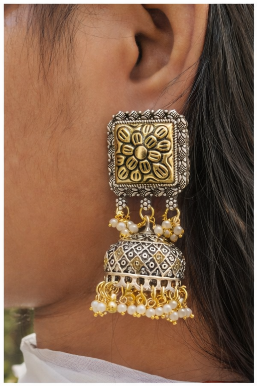 German Silver Partywear Dual Tone Stud Jhumki for Women and Girls