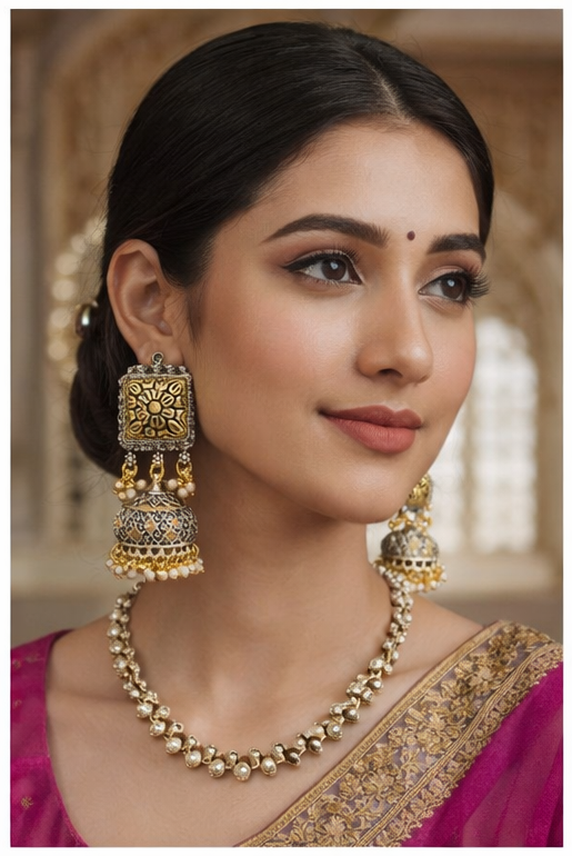 German Silver Partywear Dual Tone Stud Jhumki for Women and Girls