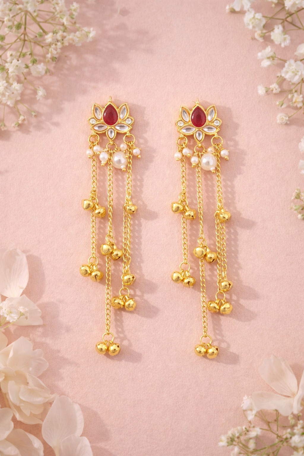 Graceful Kundan Lotus Ghungroo Long Chain Earrings for Wedding and Partywear