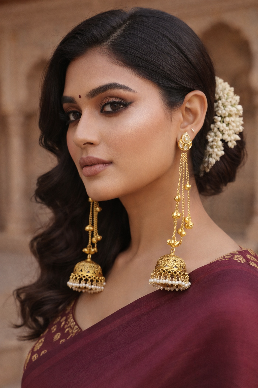 Traditional Long Chain Jhumki Earrings With Golden Bells And Pearl Detailing For Woman And Girls