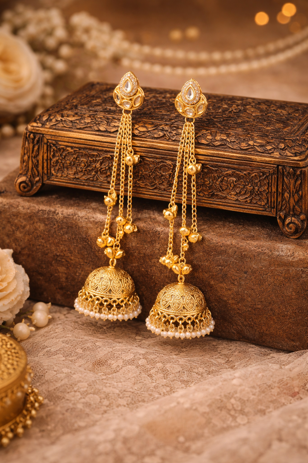 Traditional Long Chain Jhumki Earrings With Golden Bells And Pearl Detailing For Woman And Girls