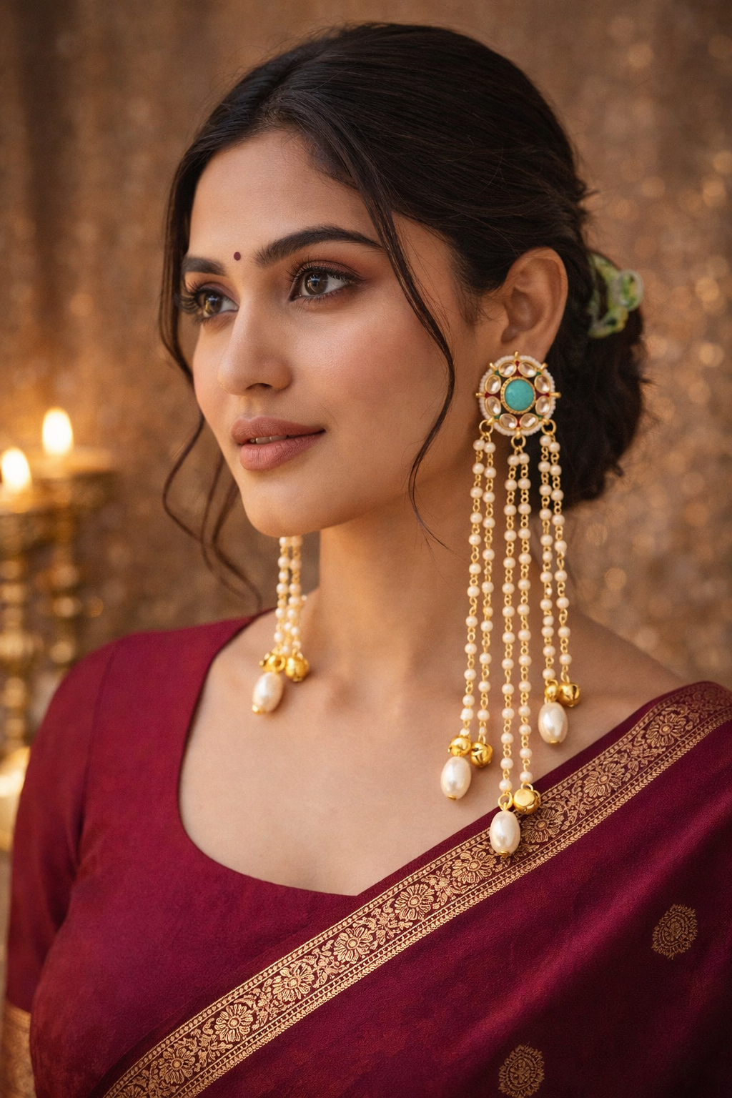 Traditional Kundan Pearl Long Chain Earrings for Women