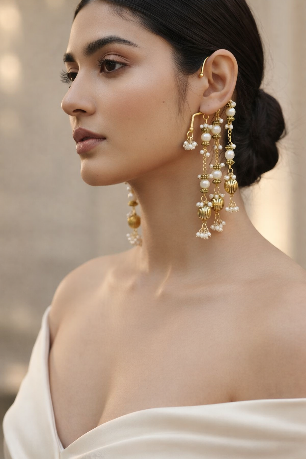 Elegant Multi-Layer Pearl & Gold Long Drop Earrings for Women