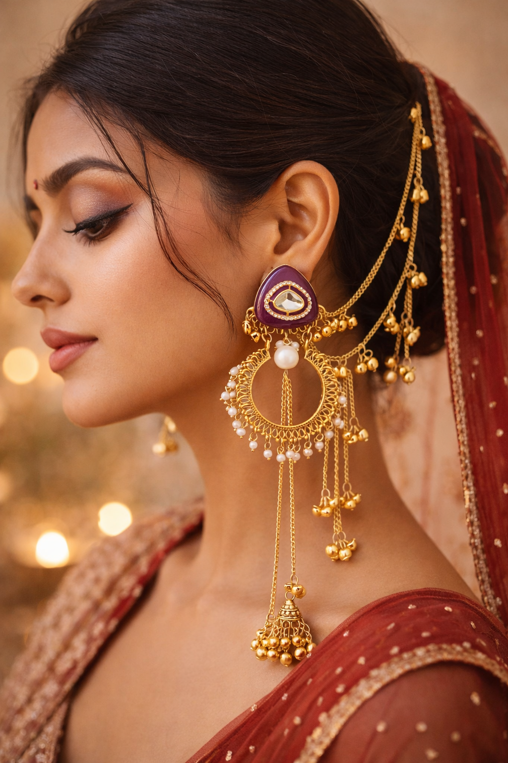 Traditional Purple Kundan Long Chain Jhumki Earrings with Pearl & Golden Ghungroo Detailing for Women