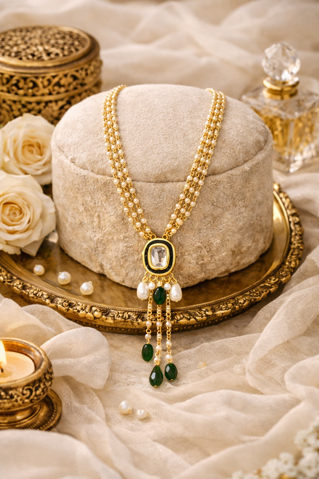 Traditional Kundan Pearl Necklace Set with Green Stone Drop Earrings for Women