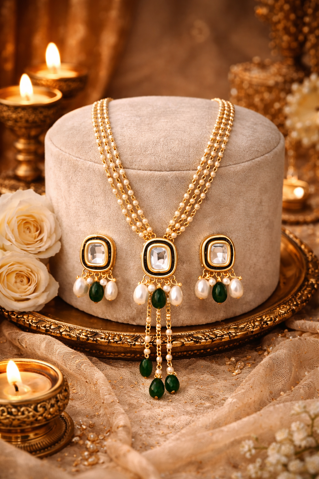 Traditional Kundan Pearl Necklace Set with Green Stone Drop Earrings for Women
