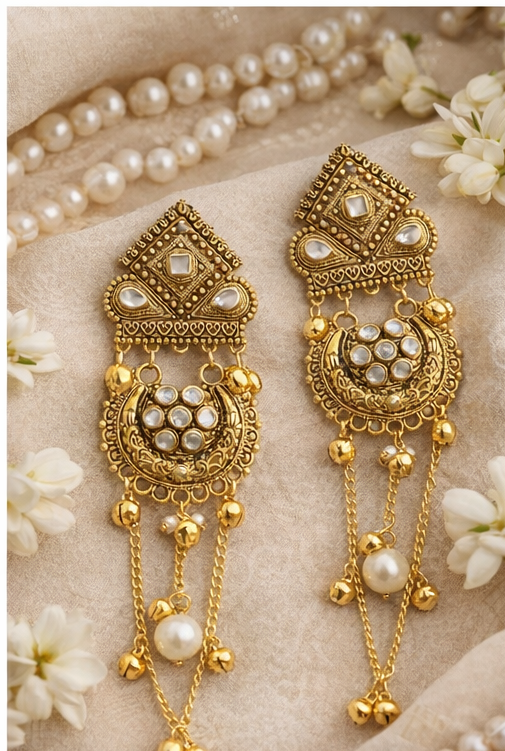 Cultural Heritage Inspired Kundan and Pearl Chain Earrings