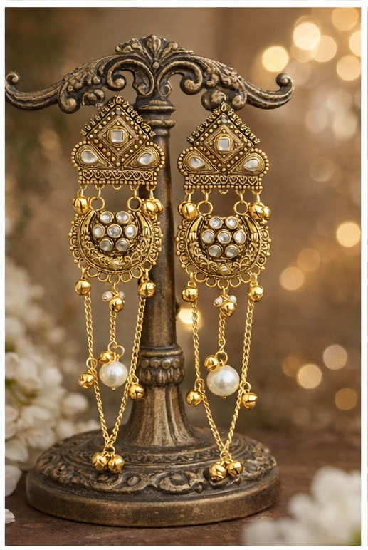 Cultural Heritage Inspired Kundan and Pearl Chain Earrings