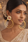Traditional Red Stone Kundan Pearl Hoop Earrings for Women
