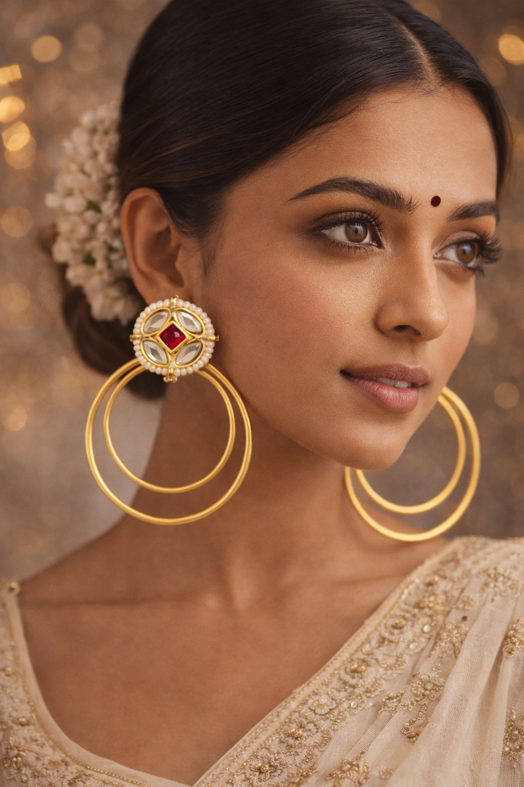Traditional Red Stone Kundan Pearl Hoop Earrings for Women