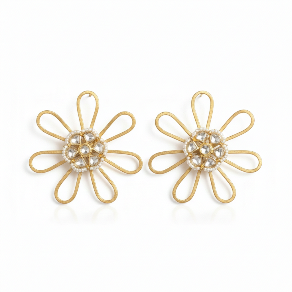 Contemporary Floral Statement Kundan Pearl Detailing Earrings