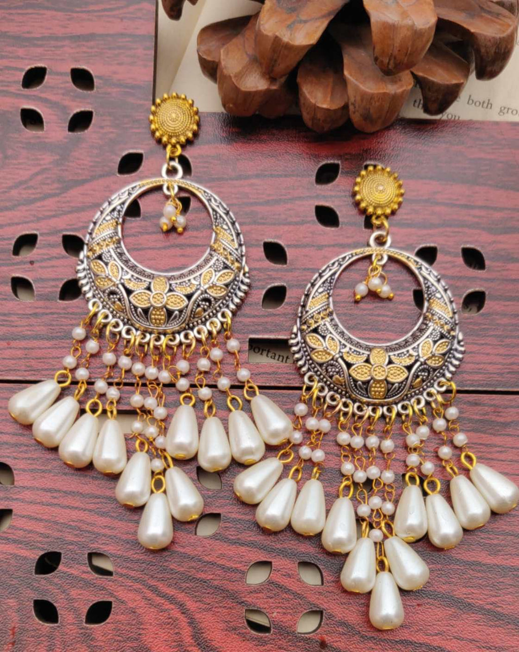 German Silver Dual Tone Chandilier with Stud Pearl Chain Tumbler Earring for Women and Girls