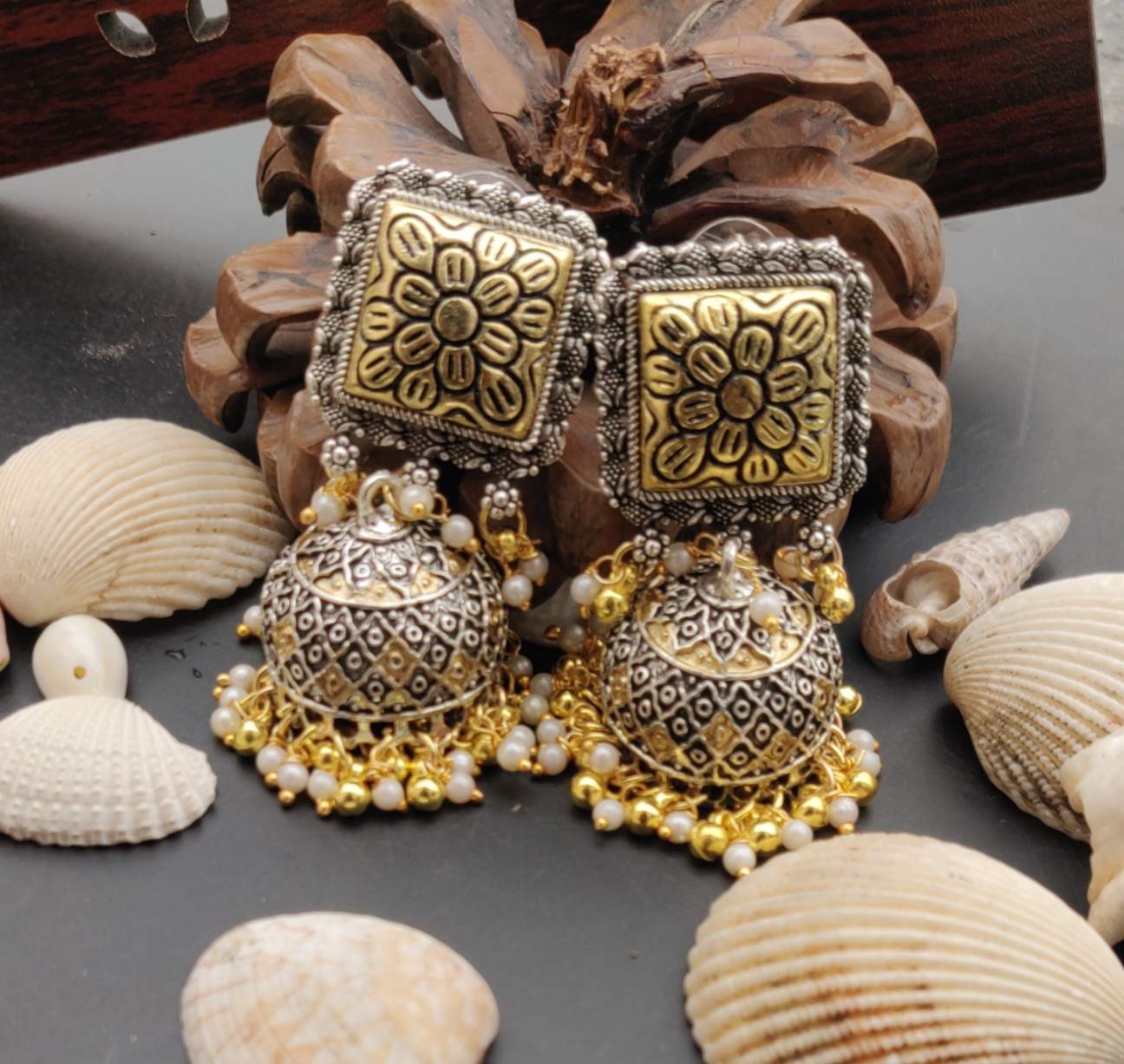 German Silver Partywear Dual Tone Stud Jhumki for Women and Girls