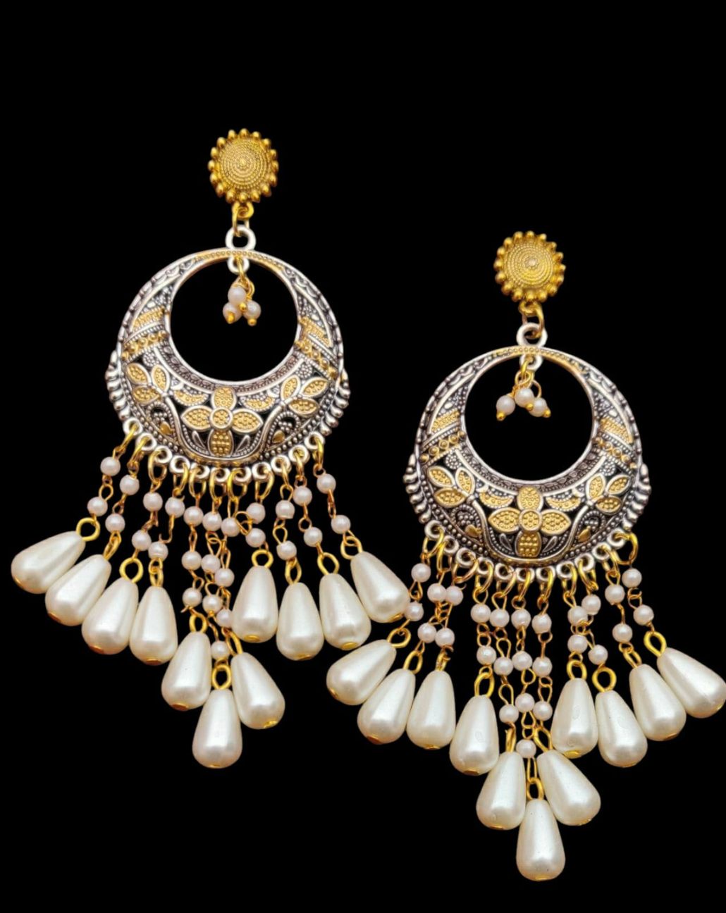 German Silver Dual Tone Chandilier with Stud Pearl Chain Tumbler Earring for Women and Girls