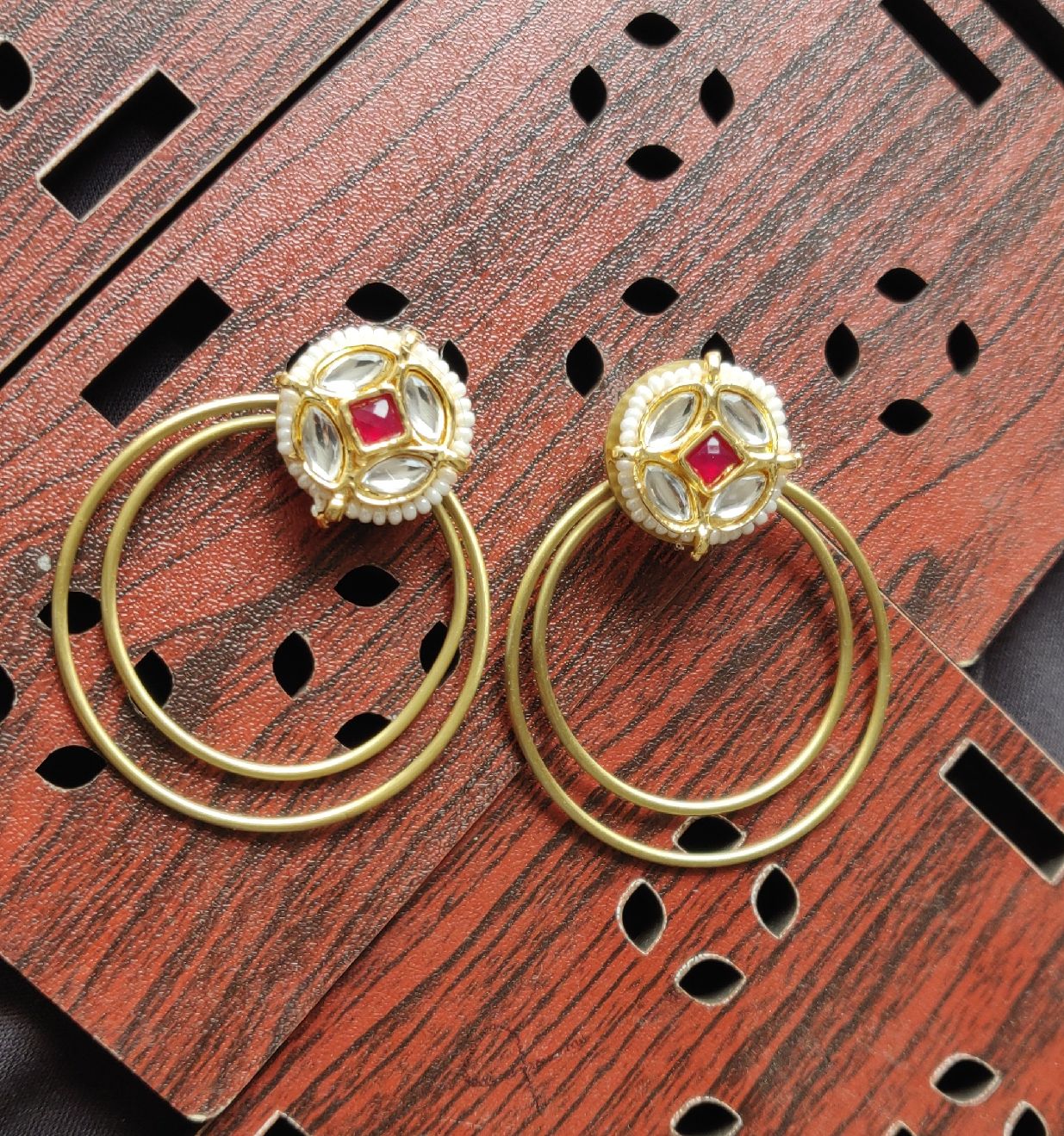 Traditional Red Stone Kundan Pearl Hoop Earrings for Women