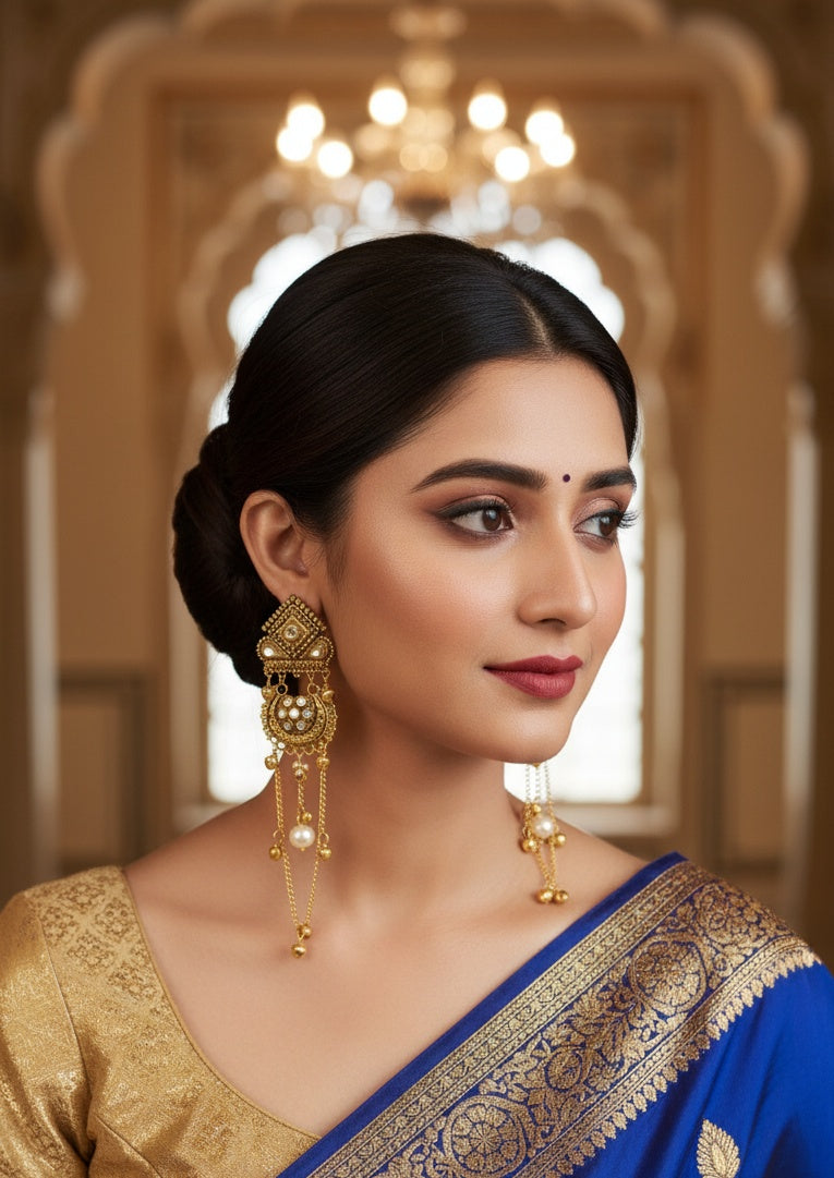 Cultural Heritage Inspired Kundan and Pearl Chain Earrings