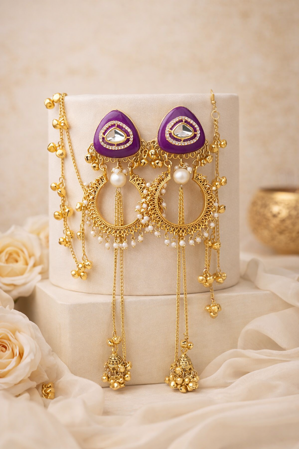Traditional Purple Kundan Long Chain Jhumki Earrings with Pearl & Golden Ghungroo Detailing for Women