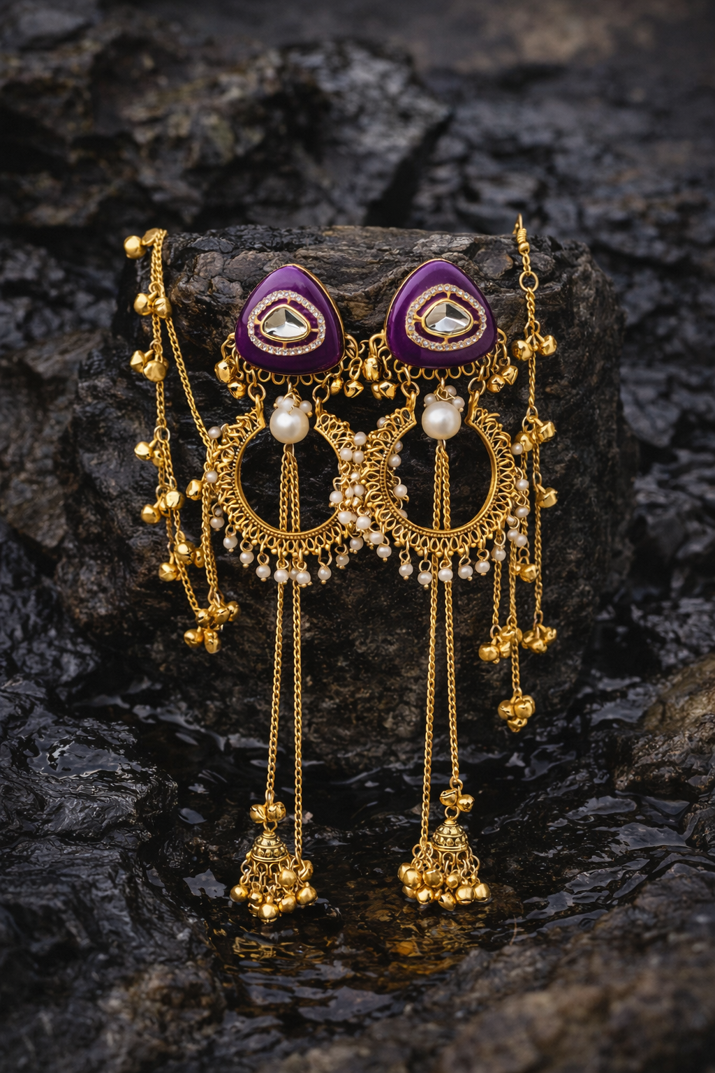 Traditional Purple Kundan Long Chain Jhumki Earrings with Pearl & Golden Ghungroo Detailing for Women