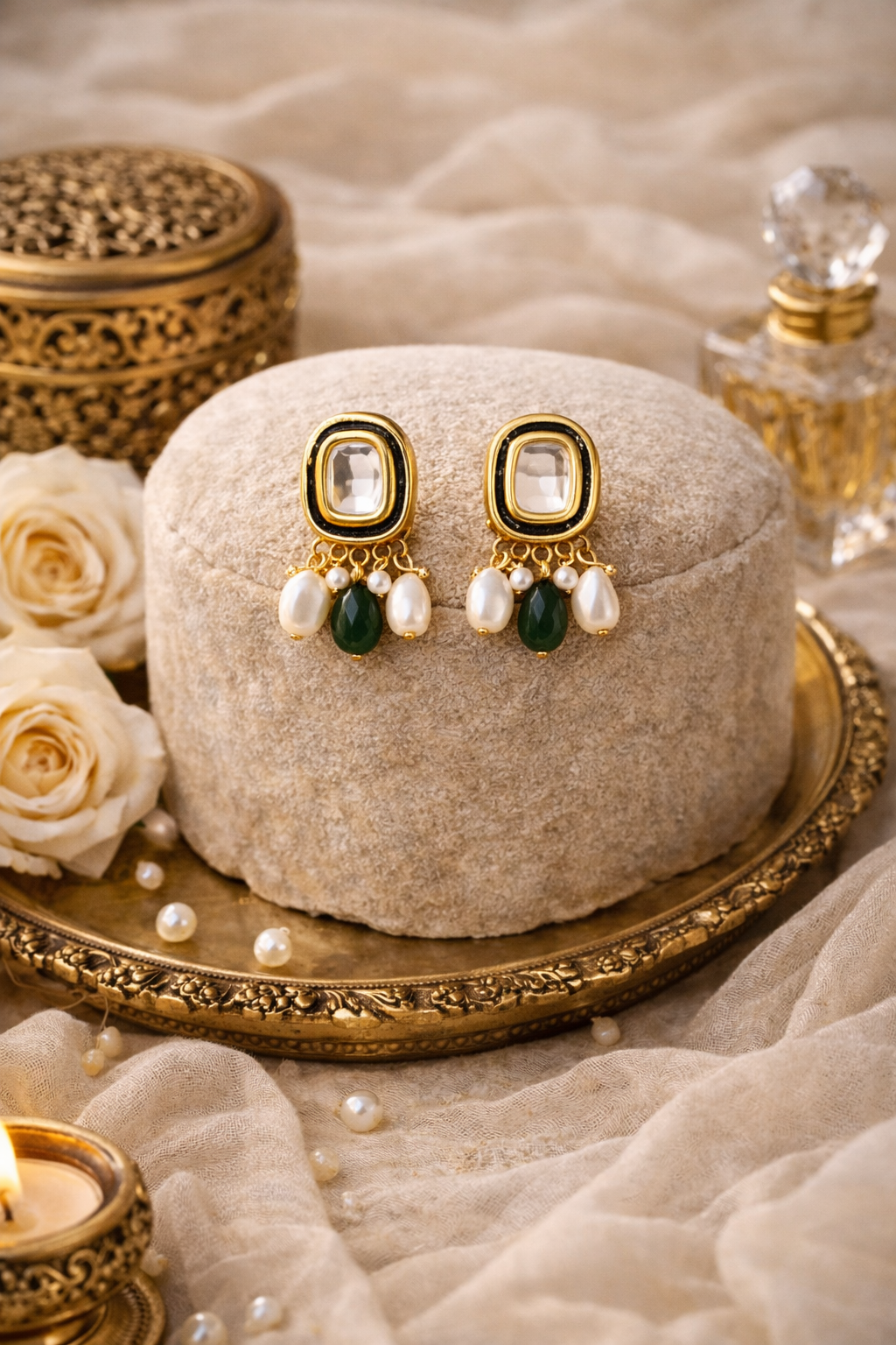 Traditional Kundan Pearl Necklace Set with Green Stone Drop Earrings for Women