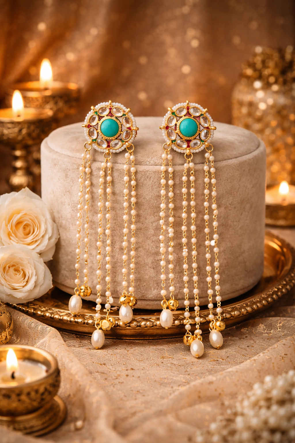 Traditional Kundan Pearl Long Chain Earrings for Women