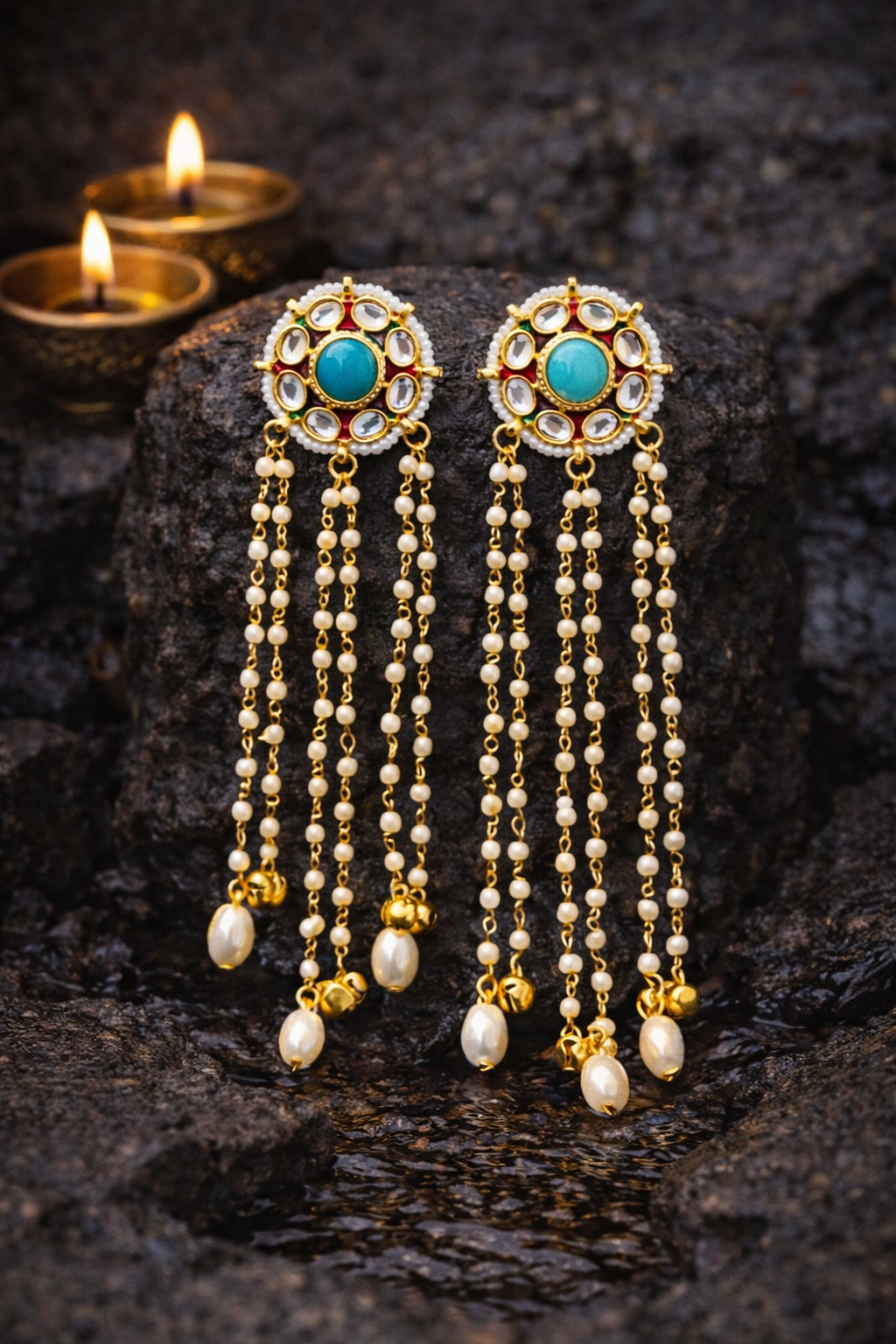 Traditional Kundan Pearl Long Chain Earrings for Women