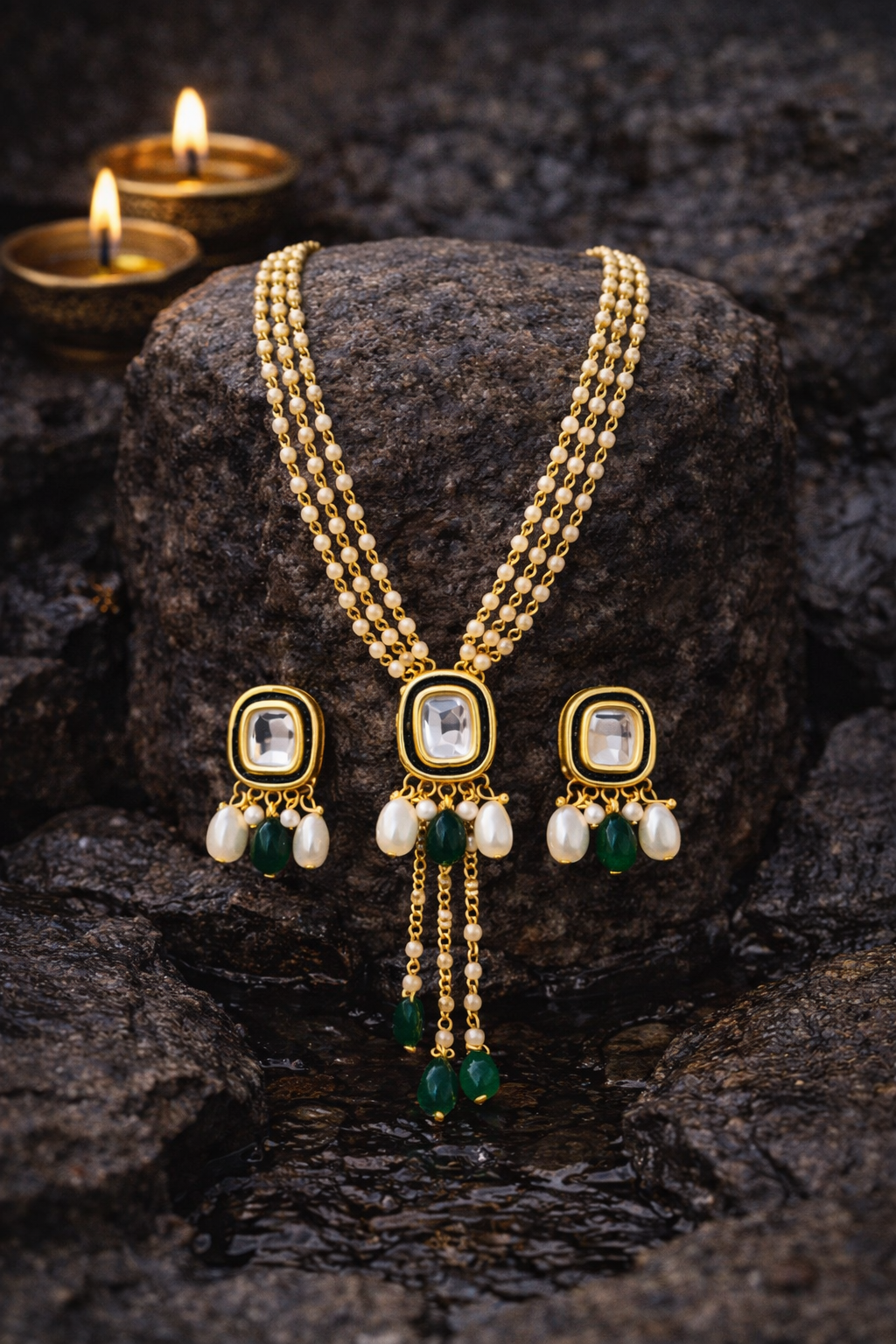 Traditional Kundan Pearl Necklace Set with Green Stone Drop Earrings for Women