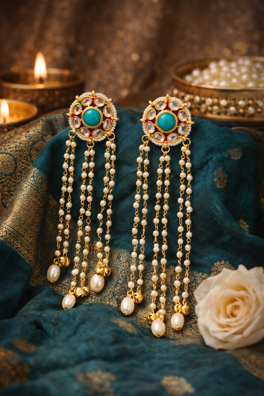 Traditional Kundan Pearl Long Chain Earrings for Women