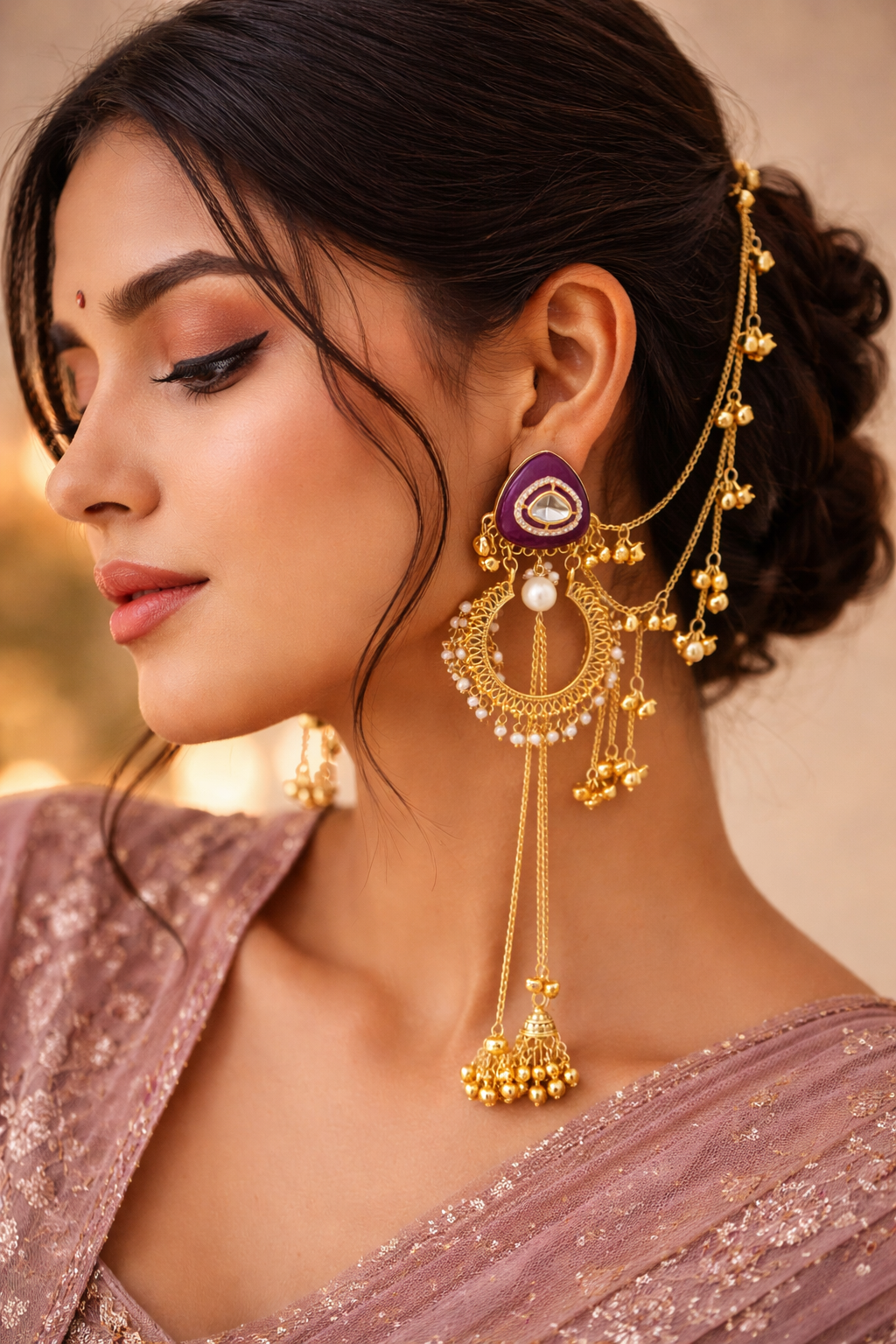 Traditional Purple Kundan Long Chain Jhumki Earrings with Pearl & Golden Ghungroo Detailing for Women